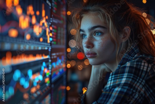 Late-Night Stock Analysis: Young Woman in Plaid Shirt Analyzes Charts in Illuminated Room