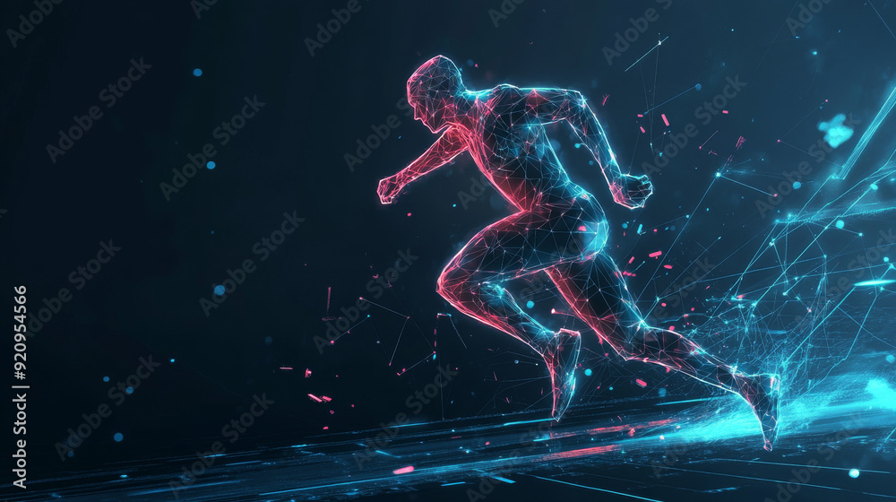 Concept of sports science technology featuring a polygonal runner with futuristic elements. Concept of sports science technology featuring a polygonal runner with futuristic elements.