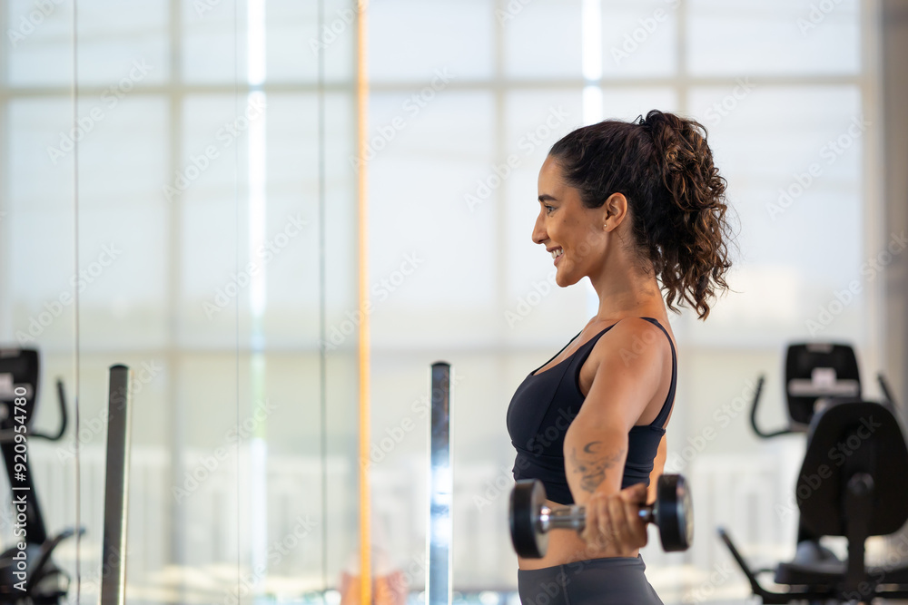 lifting dumbbells at gym. beautiful young hispanic woman wearing sporty fitness clothes doing exercise indoors at gym fitness sport club, body and health care lifting dumbbells at gym. beautiful young hispanic woman wearing sporty fitness clothes doing exercise indoors at gym fitness sport club, body and health care