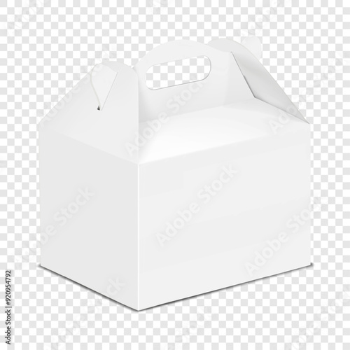 Gable box isolated on transparent background. 3d mockup. White blank carton packaging. Realistic vector mock-up. Cardboard gift bag with handle. Template for design