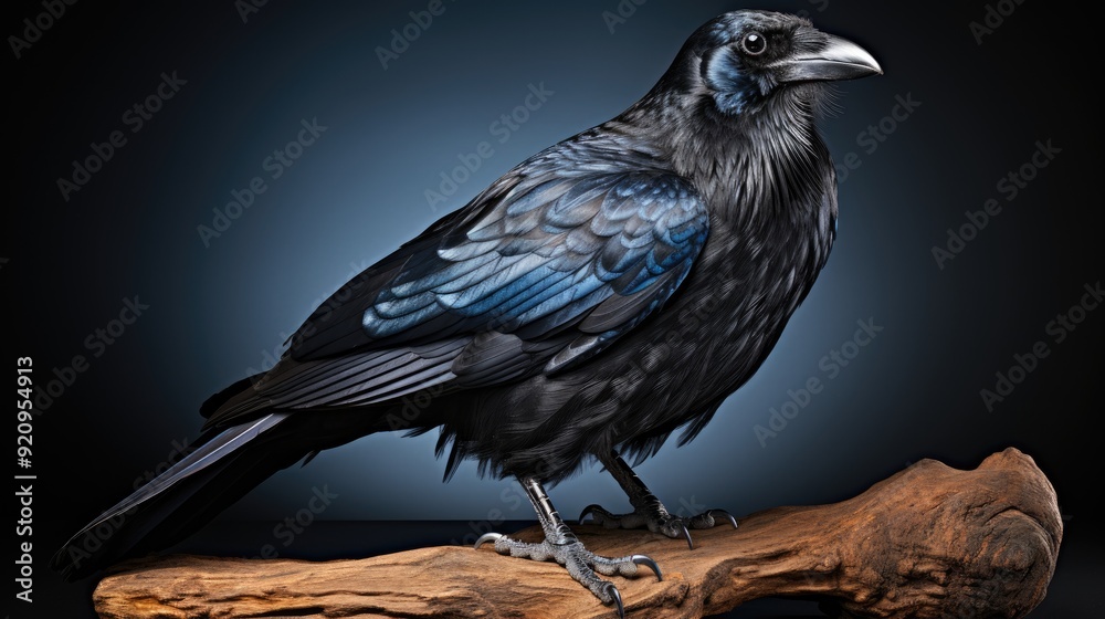 Fototapeta premium beautiful black raven sits on a white background in the studio 
