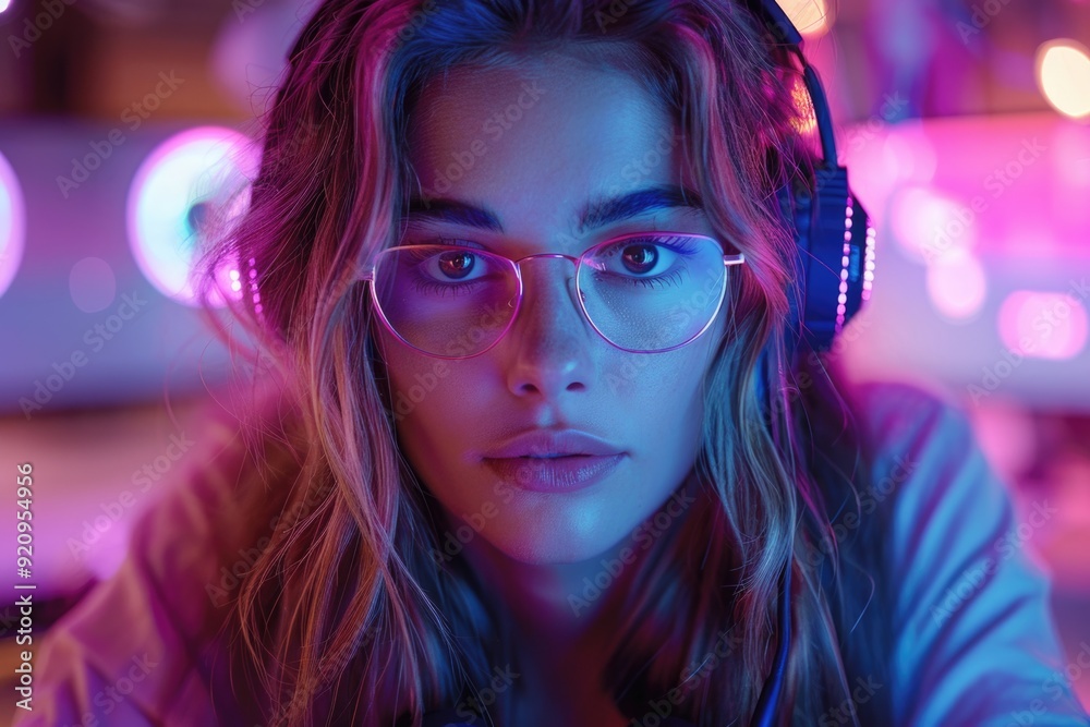 Focused Young Woman in Glasses and Headphones at Computer Screen in Moody Pink and Blue Lit Room Focused Young Woman in Glasses and Headphones at Computer Screen in Moody Pink and Blue Lit Room