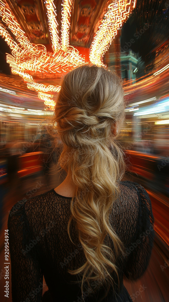 Dreamy Portrait of a Blonde Girl in Front of Sparkling Carousel Lights Dreamy Portrait of a Blonde Girl in Front of Sparkling Carousel Lights