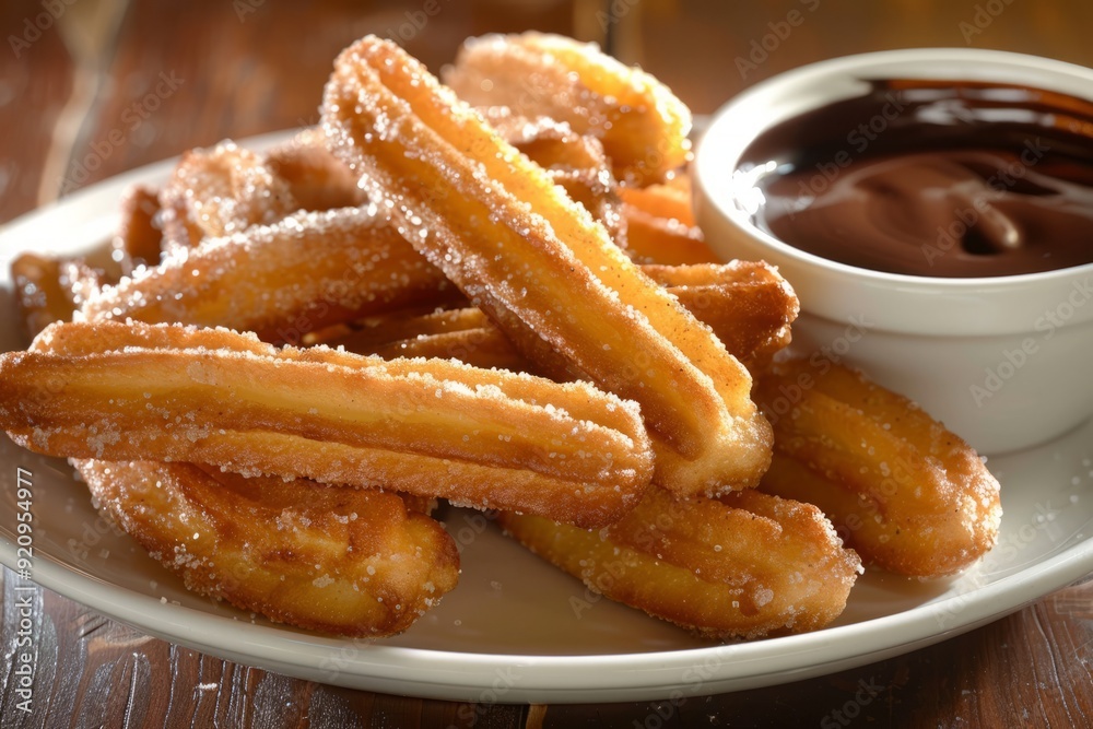 A plate of golden, crispy churros sprinkled with cinnamon sugar, accompanied by a small bowl of rich, dark chocolate sauce for dipping.Traditional Mexican and Spanish dessert.Churros. A plate of golden, crispy churros sprinkled with cinnamon sugar, accompanied by a small bowl of rich, dark chocolate sauce for dipping.Traditional Mexican and Spanish dessert.Churros.