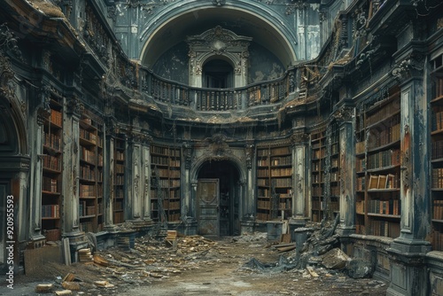 Forgotten Treasures: Exploring an Abandoned Library of Dust-Shrouded Bookshelves