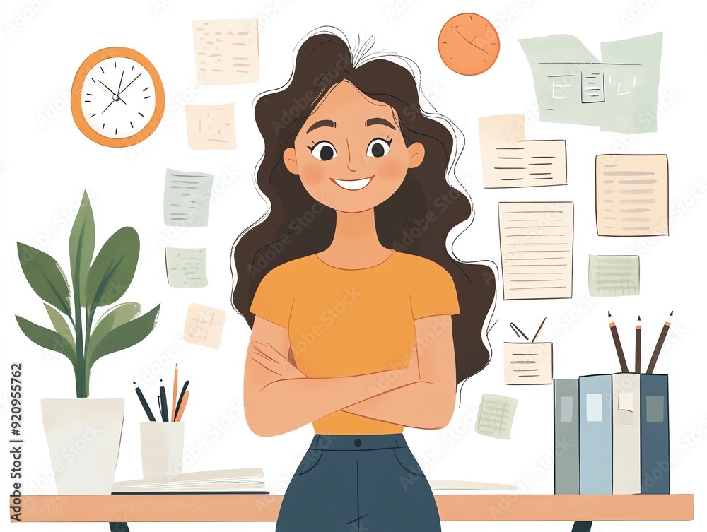 Confident Young Woman Standing at Desk with Arms Crossed. Confident Young Woman Standing at Desk with Arms Crossed.