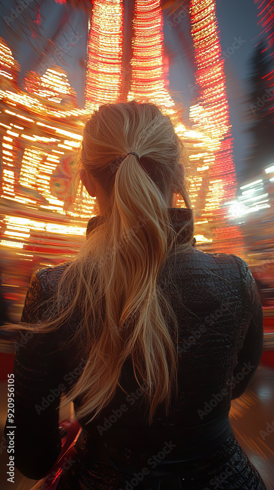 Dreamy Portrait of a Blonde Girl in Front of Sparkling Carousel Lights Dreamy Portrait of a Blonde Girl in Front of Sparkling Carousel Lights