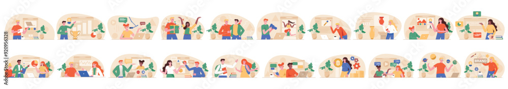Fototapeta premium Mega set of orange concepts with people scene in flat cartoon design. A large selection of colorful images showing men and women in various life situations. Vector illustration.