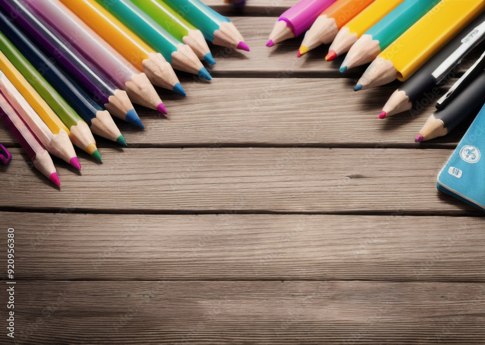 Obraz premium Colored pencils on a wooden table. Back to school concept. Stationery composition.