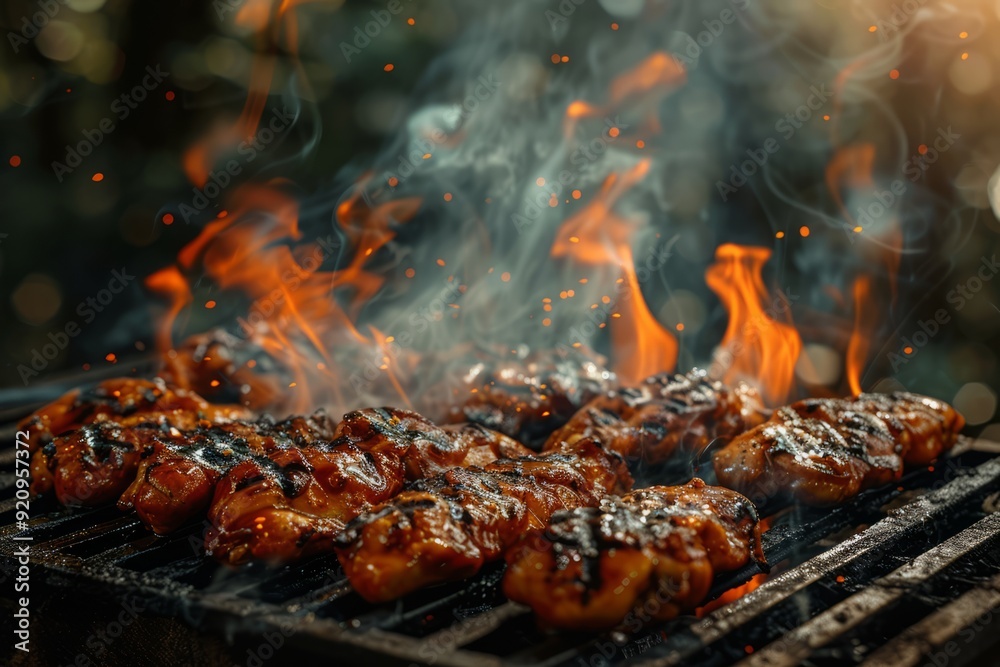 Teriyaki.Teriyaki chicken.Teriyaki soy sauce.Asian cuisine.Juicy teriyaki chicken sizzling on a grill with flames and smoke, captured in a rustic outdoor setting Teriyaki.Teriyaki chicken.Teriyaki soy sauce.Asian cuisine.Juicy teriyaki chicken sizzling on a grill with flames and smoke, captured in a rustic outdoor setting