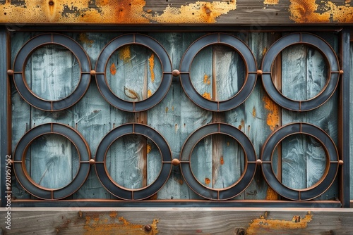 Abstract Fusion: Wooden Planks and Blue Metal with Circular Perforations in Modern Art Design photo