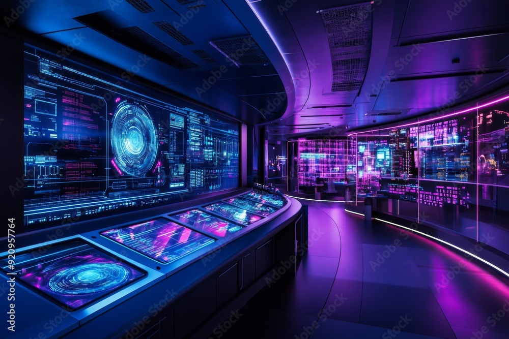 The control center is filled with advanced holographic displays and glowing interfaces, showcasing data analytics in a futuristic, vibrant environment The control center is filled with advanced holographic displays and glowing interfaces, showcasing data analytics in a futuristic, vibrant environment