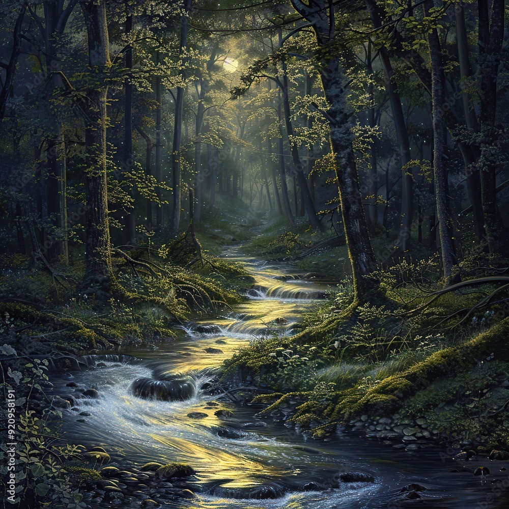 Obraz premium Silent Stream Flowing Through a Dark Forest Night