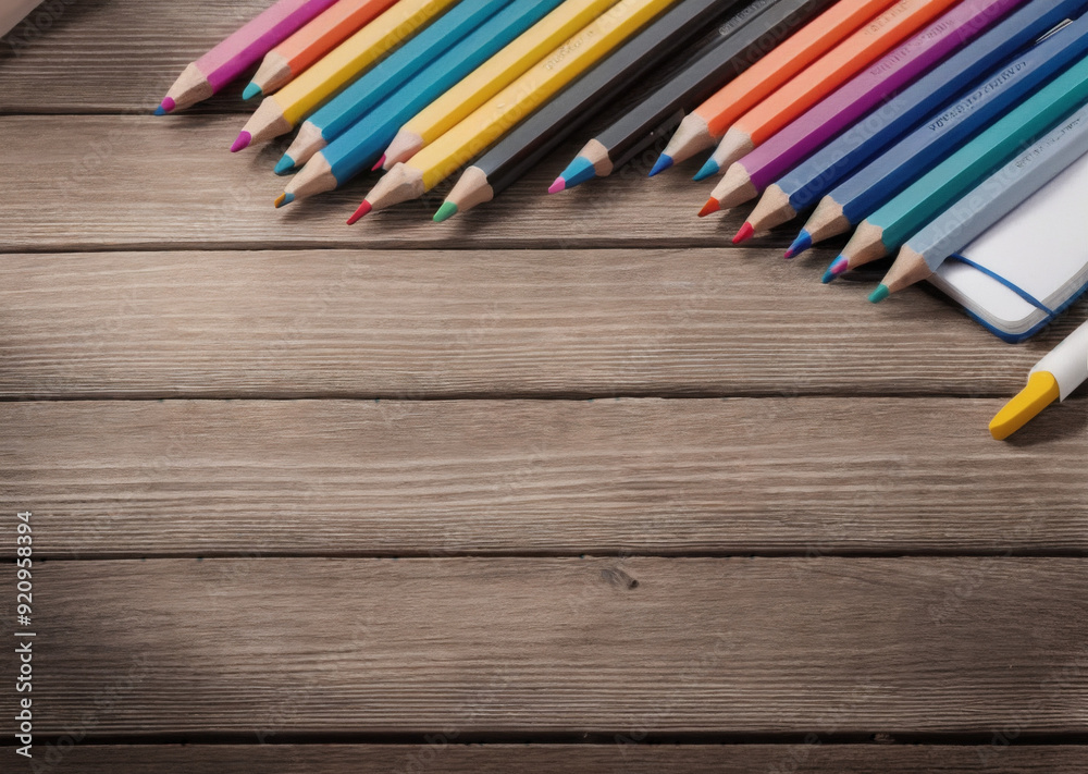 Colored pencils on a wooden table. Back to school concept. Stationery composition. Colored pencils on a wooden table. Back to school concept. Stationery composition.
