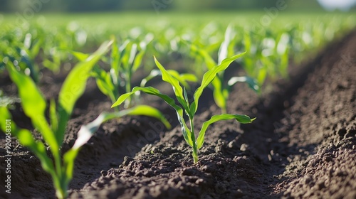 Young corn plants grow in rows on a sunny day in a vibrant agricultural field