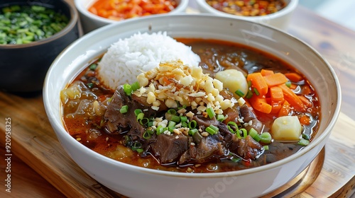 Authentic Indonesian oxtail soup with rich broth, carrots, potatoes, green onions, and fried shallots, paired with steamed rice and spicy sambal, ideal for a warm and satisfying meal photo