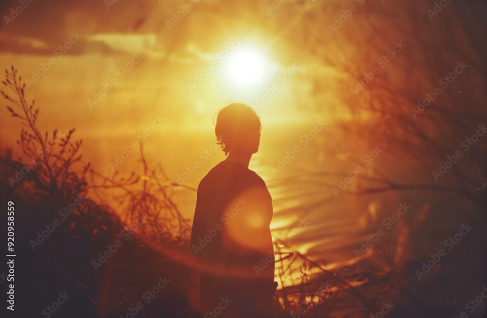 Silhouette of young man standing looking at the ocean at sunset Silhouette of young man standing looking at the ocean at sunset