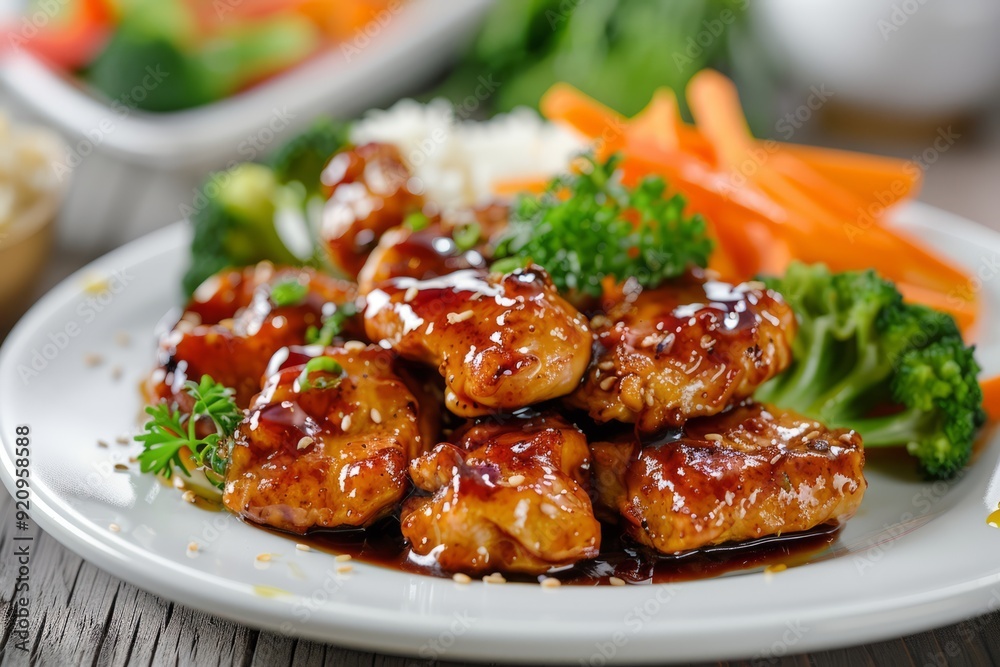 Golden-brown teriyaki chicken pieces glazed, arranged on a white plate with steamed vegetables, with a clear background.Teriyaki chicken.Teriyaki.Teriyaki soy sauce.Asian cuisine Golden-brown teriyaki chicken pieces glazed, arranged on a white plate with steamed vegetables, with a clear background.Teriyaki chicken.Teriyaki.Teriyaki soy sauce.Asian cuisine