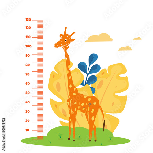 Kid height measurement. Collection of cute wall rulers with giraffe. Chart with African animals. Flat vector illustration set isolated on white background