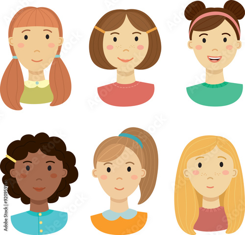 Set of girl's smiling faces. Vector illustration of cute portraits of children