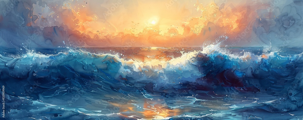 Fototapeta premium Abstract ocean waves with sunlight reflections in watercolor.