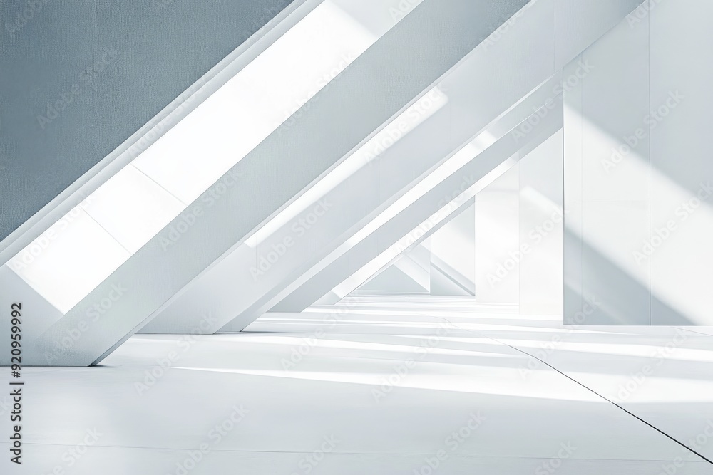 Obraz premium A sleek and minimalistic abstract environment features intersecting lines and a bright interplay of white and gray tones creating a tranquil atmosphere