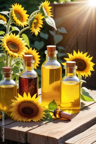 Some herbal oil bottles are placed on a rustic wooden table with many sunflowers, vertical composition