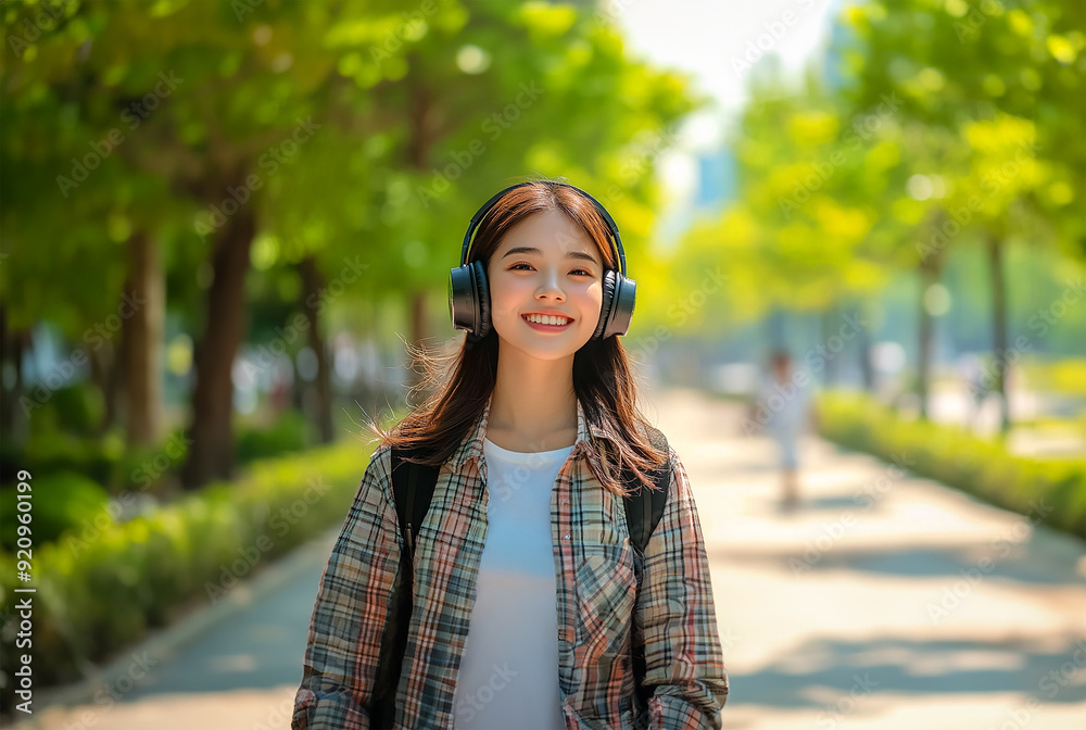 Woman with headphones, smiling