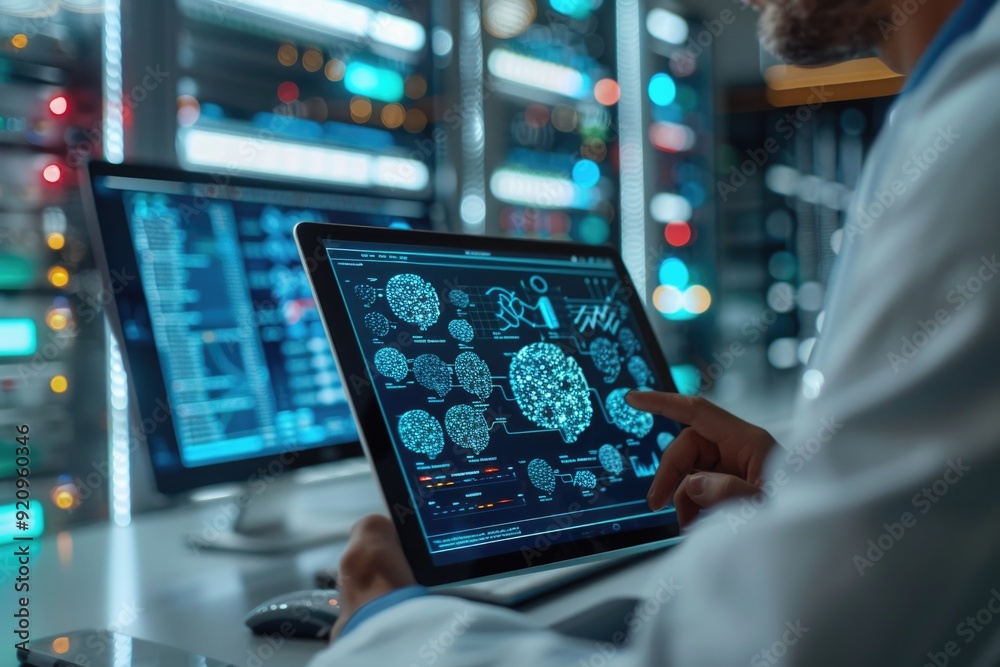 Admin uses tablet in server hub to maintain AI neural networks simulating human thought; cloud wor Admin uses tablet in server hub to maintain AI neural networks simulating human thought; cloud wor