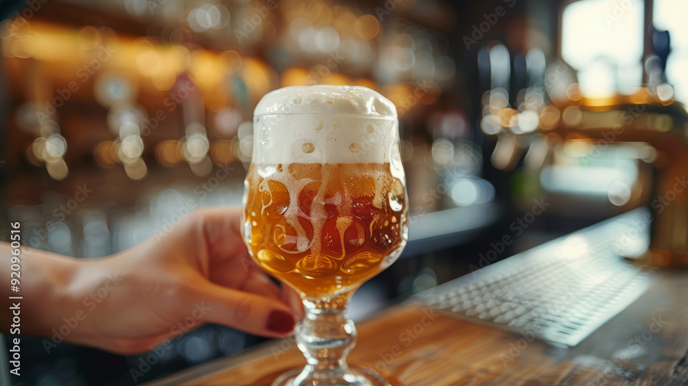 A woman's hand is pressing beer into a clear glass with beautiful foam. Homemade beer concept. A woman's hand is pressing beer into a clear glass with beautiful foam. Homemade beer concept.