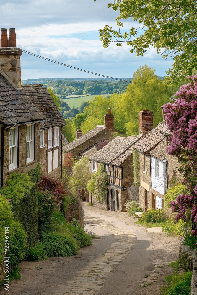 A small town with houses and a stone road A small town with houses and a stone road