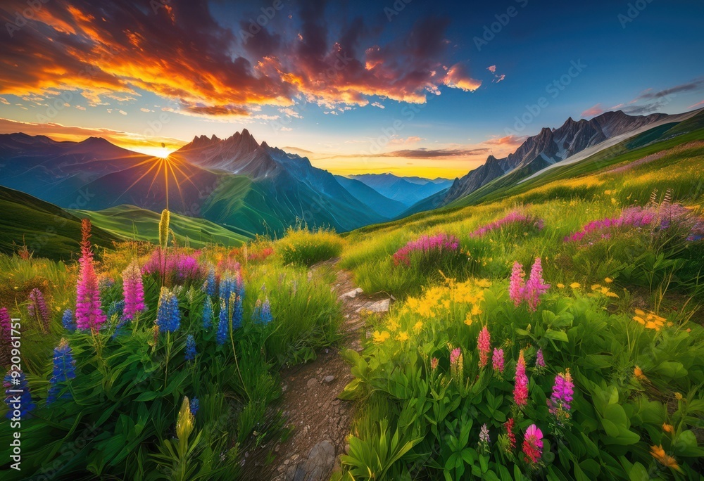 Obraz premium vibrant landscapes capturing thrill adventure lush dynamic beauty, nature, scenery, mountain, forest, river, sky, horizon, trail, exploration, view