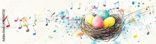 A colorful nest with vibrant eggs, harmonizing with musical notes in a whimsical art style, symbolizing creativity and new beginnings. photo