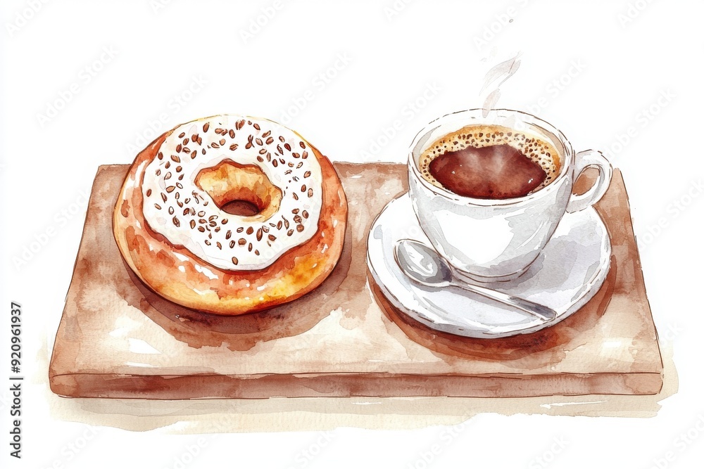 A delicious donut with icing beside a steaming cup of coffee on a wooden tray, perfect for a cozy breakfast setting.