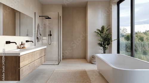 A bright, modern bathroom with a large bathtub, glass shower enclosure, wooden furniture, and green plants, exuding a sense of luxury, cleanliness, and relaxation.