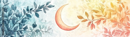 A serene illustration featuring a crescent moon surrounded by leaves, blending calming colors for a peaceful atmosphere.