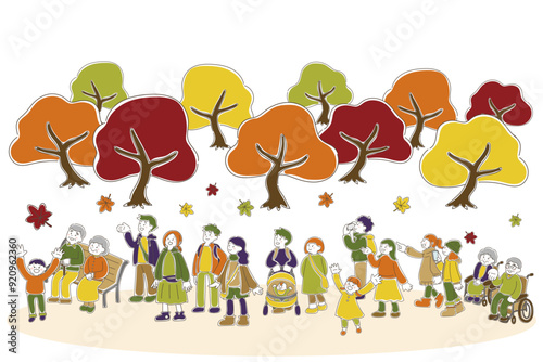横並びの多世代の人々と紅葉のゆるいイラスト（セット）
