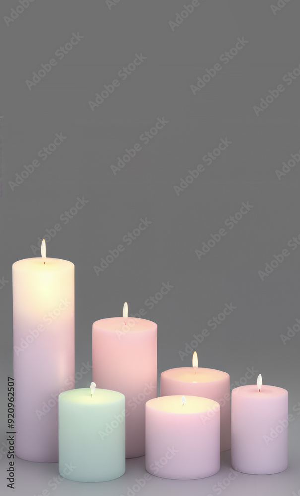 A collection of various lit wax candles of different sizes and colors. 3d illustration render. Warm and calming ambiance. Pastel colors. A collection of various lit wax candles of different sizes and colors. 3d illustration render. Warm and calming ambiance. Pastel colors.