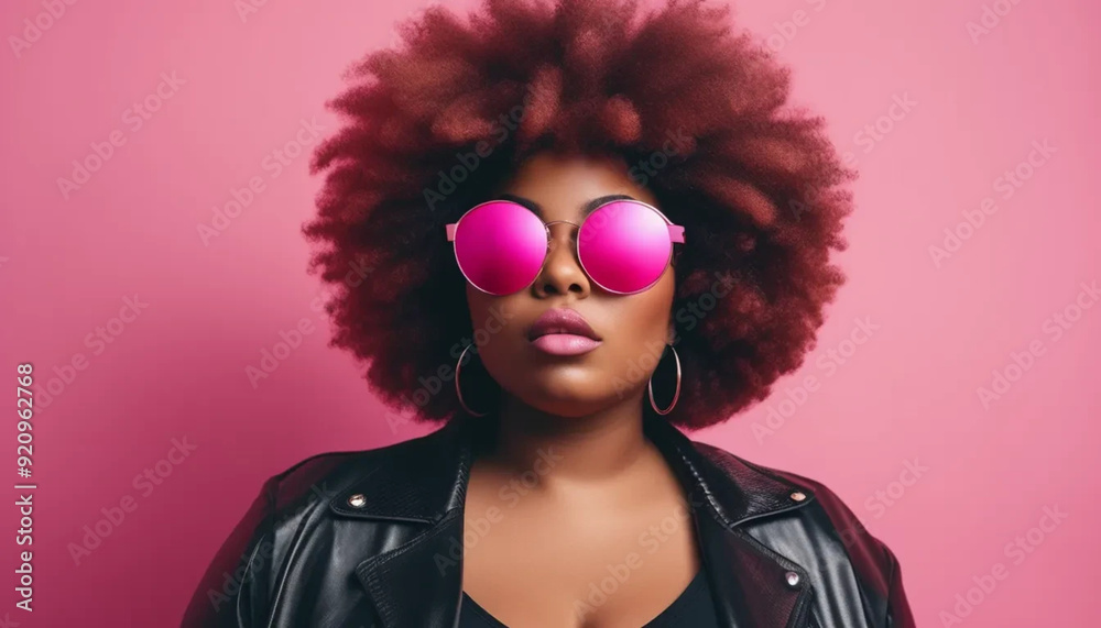 Beautiful African American woman with big round afro on pink background. Beautiful African American woman with big round afro on pink background.