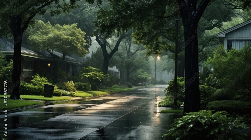 Obraz premium Rainy street in the suburbs with lush green trees and houses on either side.