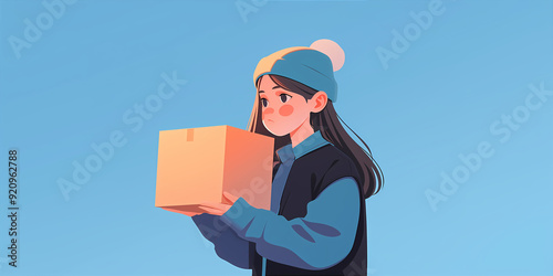 Banner with delivery girl in blue beanie and yellow jacket hold red package. Digital illustration in flat anime style. Courier design for market place, logistic company branding, ecommerce or app
