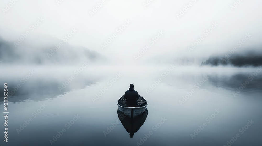 A single person sits in a rowboat on a misty lake, surrounded by mist-covered mountains, offering a scene of peace, solitude, and reflection in a tranquil natural setting. A single person sits in a rowboat on a misty lake, surrounded by mist-covered mountains, offering a scene of peace, solitude, and reflection in a tranquil natural setting.