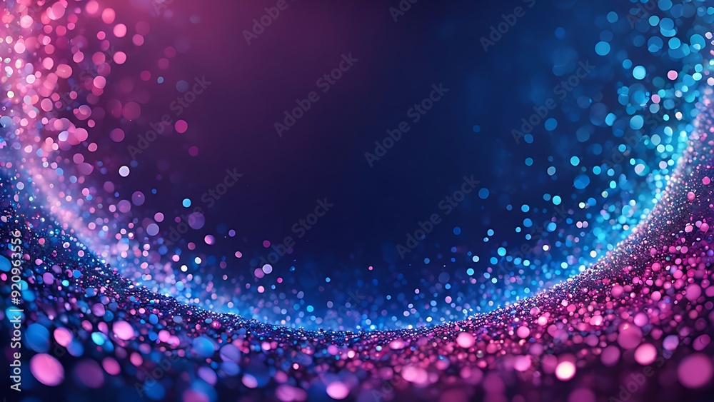 Curved path of pink and blue bokeh lights with glittering particles on a dark background. Abstract festive backdrop with copy space for design and print Curved path of pink and blue bokeh lights with glittering particles on a dark background. Abstract festive backdrop with copy space for design and print