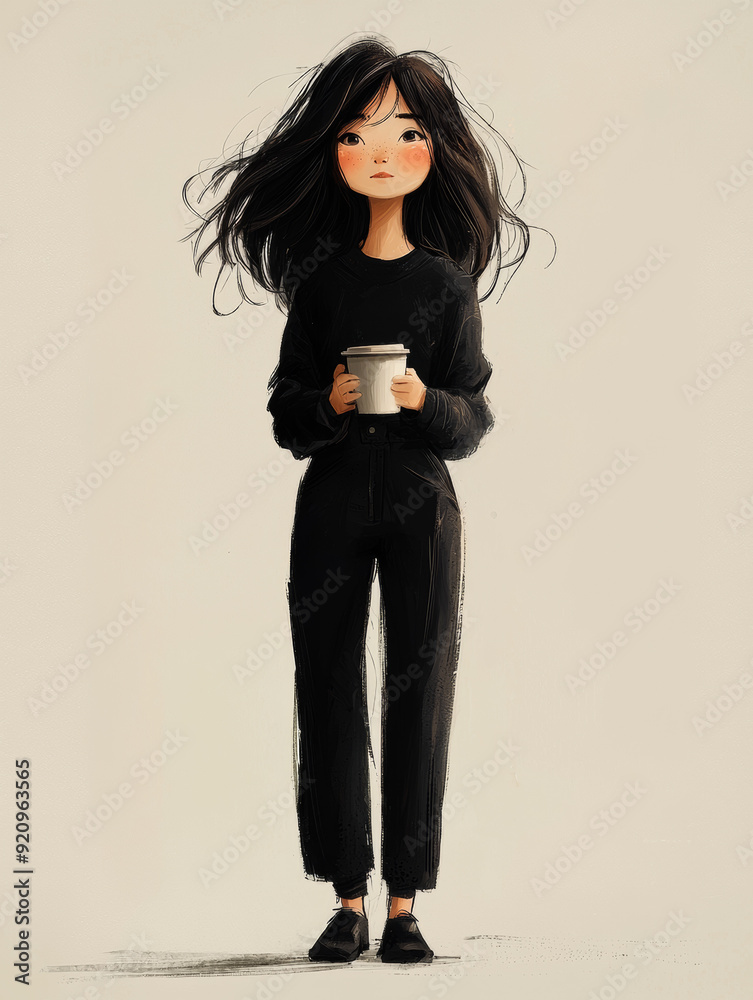 Portrait of a Stylish Girl Holding a Coffee Cup in Minimalistic Art Style Portrait of a Stylish Girl Holding a Coffee Cup in Minimalistic Art Style