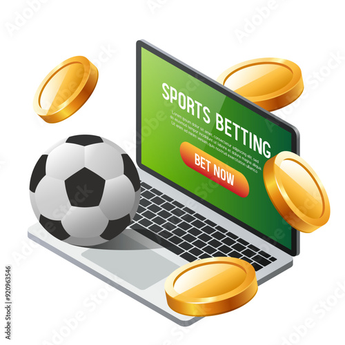 Sports betting 3D illustration. Laptop and soccer ball. Vector clipart isolated on white background.