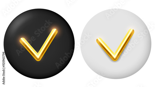Check mark. Gold checkmark on a round gray and black background. Vector clipart.