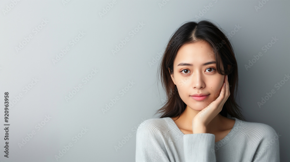 A young Asian woman looking directly at the camera, resting her hand on her cheek, have a toothache, with clear, soft skin. A young Asian woman looking directly at the camera, resting her hand on her cheek, have a toothache, with clear, soft skin.