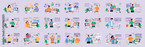 Bundle of purple color concepts with people scene in flat cartoon design. A big collection of scenes with men and women in various situations on a purple background. Vector illustration.