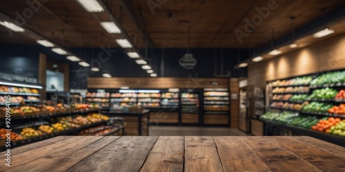 empty wooden table with beautiful supermarket background.
