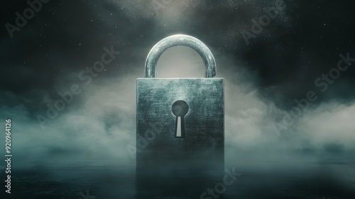 A rusty padlock stands alone in a misty, ominous setting. The lock is in focus, while the background is blurred and dark. photo